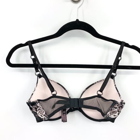 Victoria's Secret Size 32C Bra Very Sexy Push Up Black White Satin Floral Wire - Picture 5 of 9